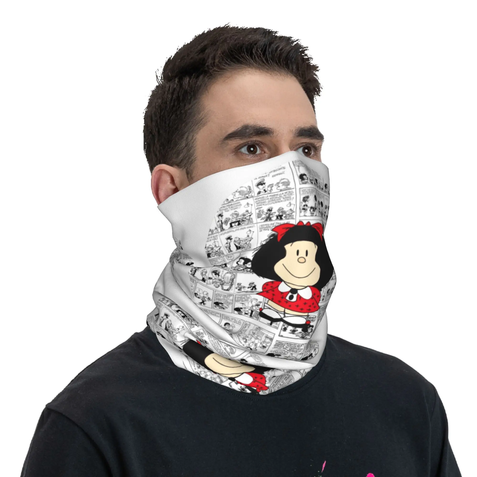 Mafalda Cartoon Quino Comics Bandana Neck Gaiter Windproof Face Scarf Cover Women Men Headband Tube Balaclava
