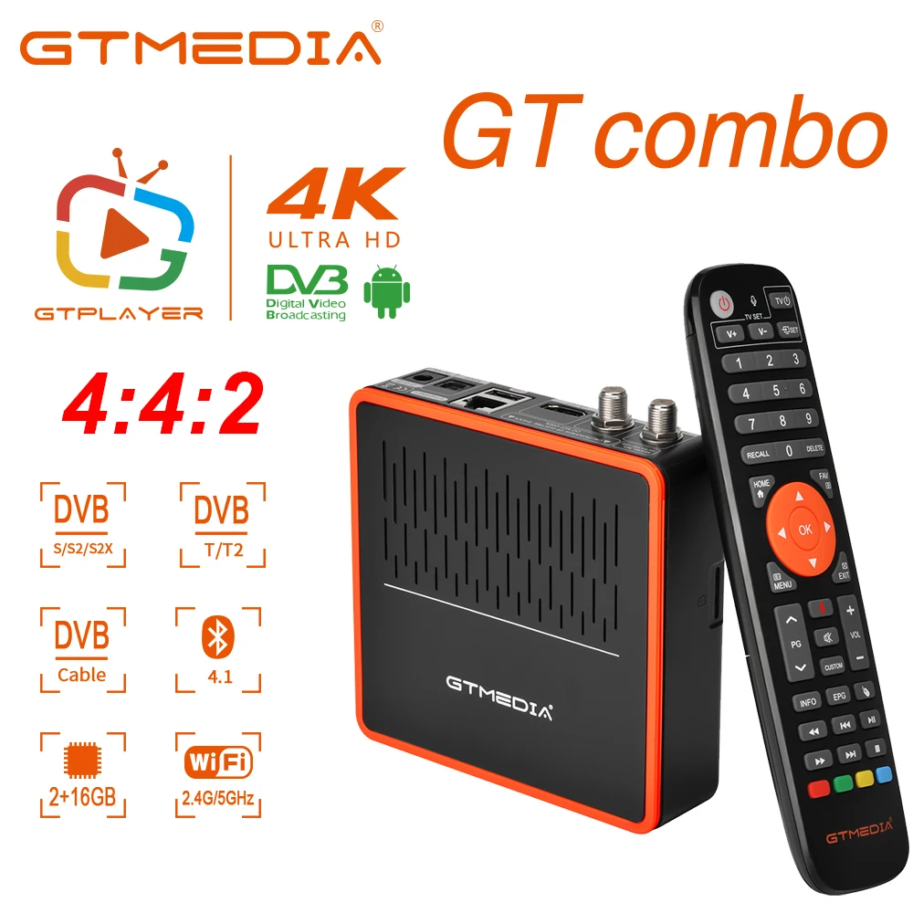 GTMEDIA GT combo Android 9.0 box supports DVB-S/S2/S2X, DVB+T/T2/C, 4K HD Build in Wifi 2.4G/5G+BT4.1 System is GT UI