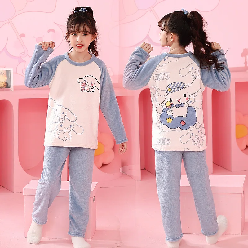 Kawaii Sanrio Hello Kitty Children Pajamas Set Mymelody Cinnamoroll Winter Boy Girl Flannel Fleece Warm Sleepwear Kids Home Suit kawaii sanrio kids pajamas hello kitty cinnamoroll short sleeves shorts set sleepwear summer girl homewear child clothes suit