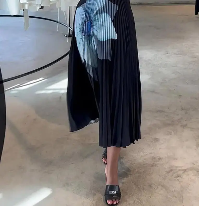 Two Piece Set Women Outfit 2023 Autumn Fashion Floral Print Round Neck Long Sleeve Top & High Waist Pleated Long Skirt Suit