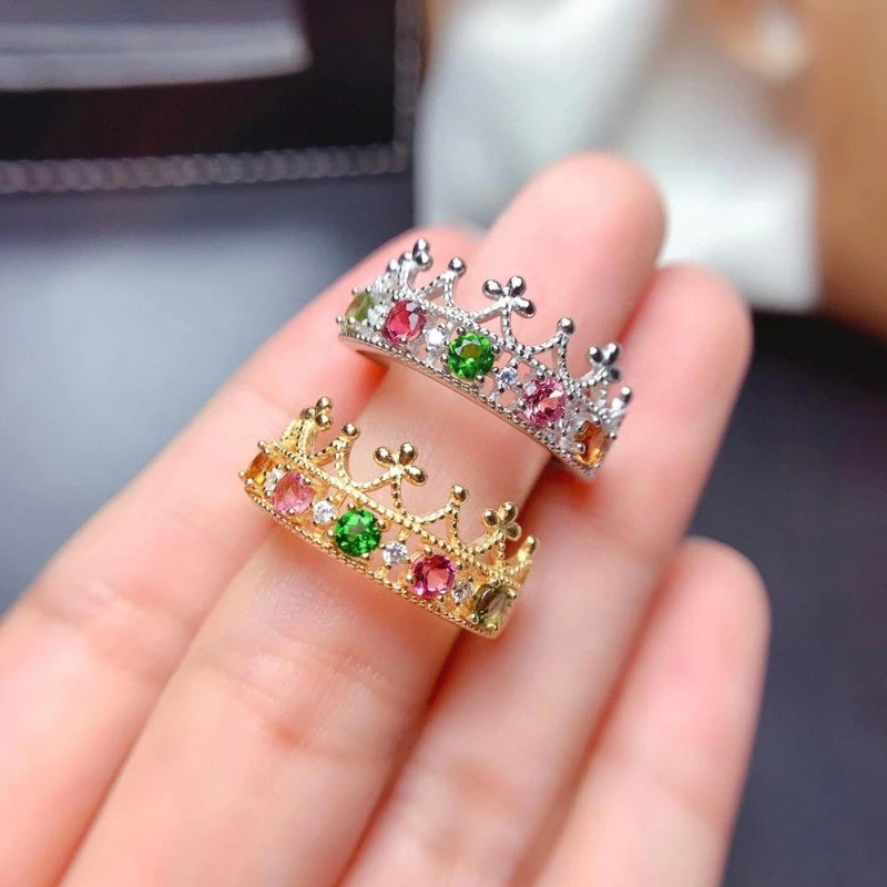 

Natural Tourmaline Ring Gem Fashion Color Stone Crown Rings Women's Genuine Sterling Silver Charm High Jewelry