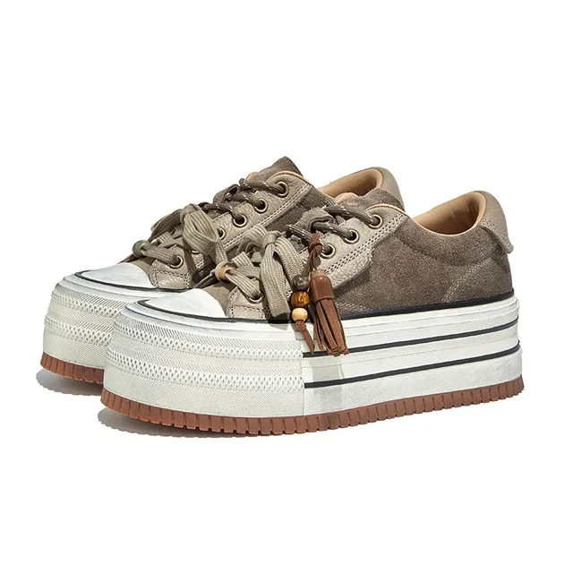 Genuine Leather Lacing Chunky Sneakers Women Comfortable Height Increasing Casual Flats Fashion College Style Skateboard Shoes 1