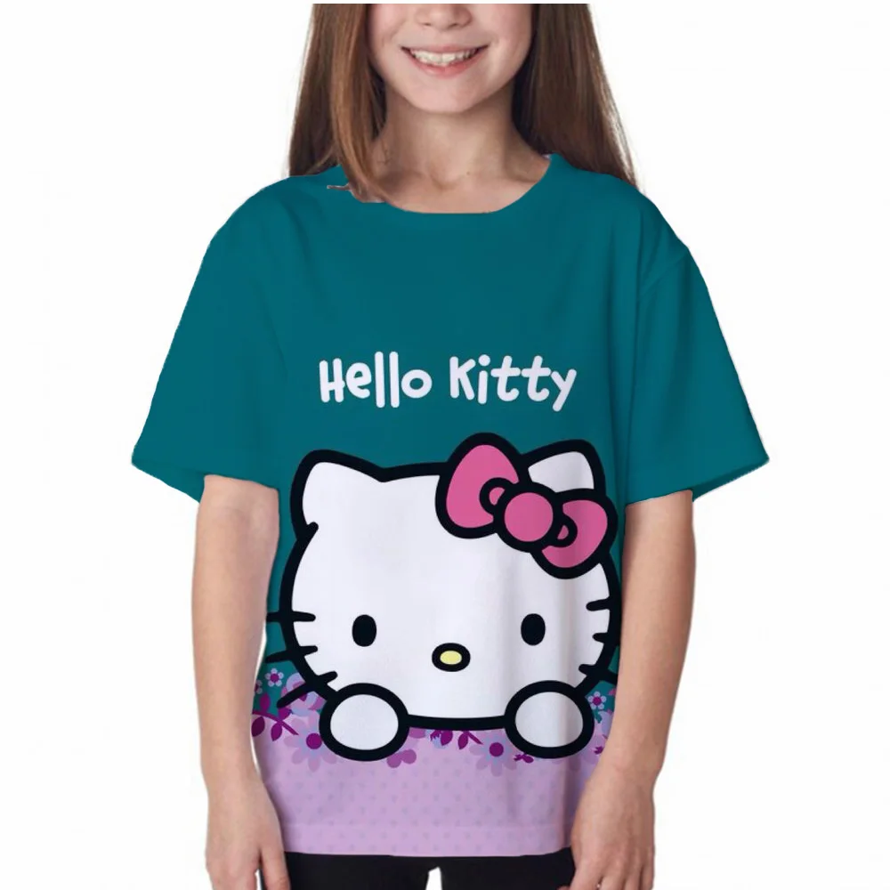 

2023 Summer Girls' T-shirt Clothing 3D Hello Kitty Printed Fashion Short Sleeve T-shirt Top Casual Cartoon Women's T-shirt