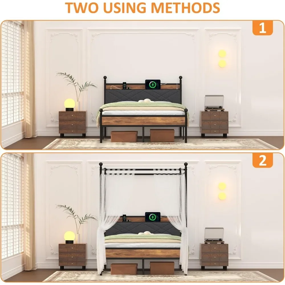 Bed Frame with Headbord, Canopy Bed Frame, Metal Black Iron Bed Platform with Charging Station and LGB Light No Box 4