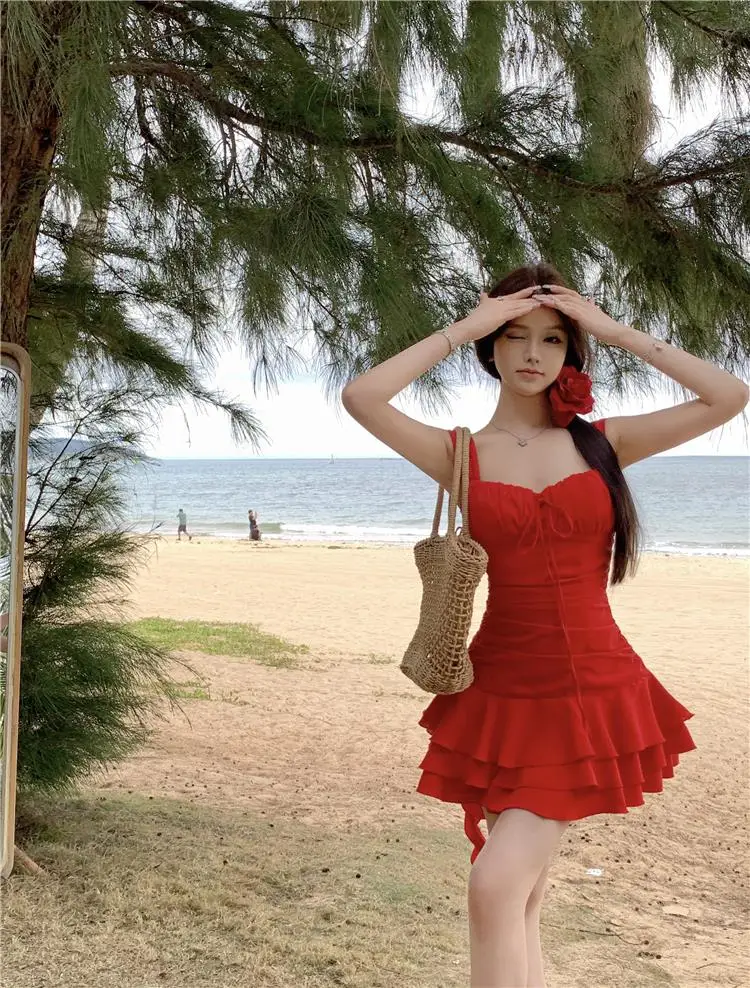 Summer New Holiday Beach Style Short Dresses for Women Spaghetti Strap Ruffles A-line Birthday Party Dress Korean Chic Vestidos