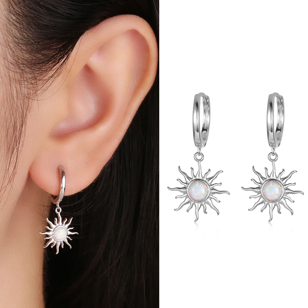 

RORU Real Silver 925 Earrings 2022 Trend Opal Stone Hoop Earrings for Women Personality Sun Drop Earrings Pendant Jewelry Hot