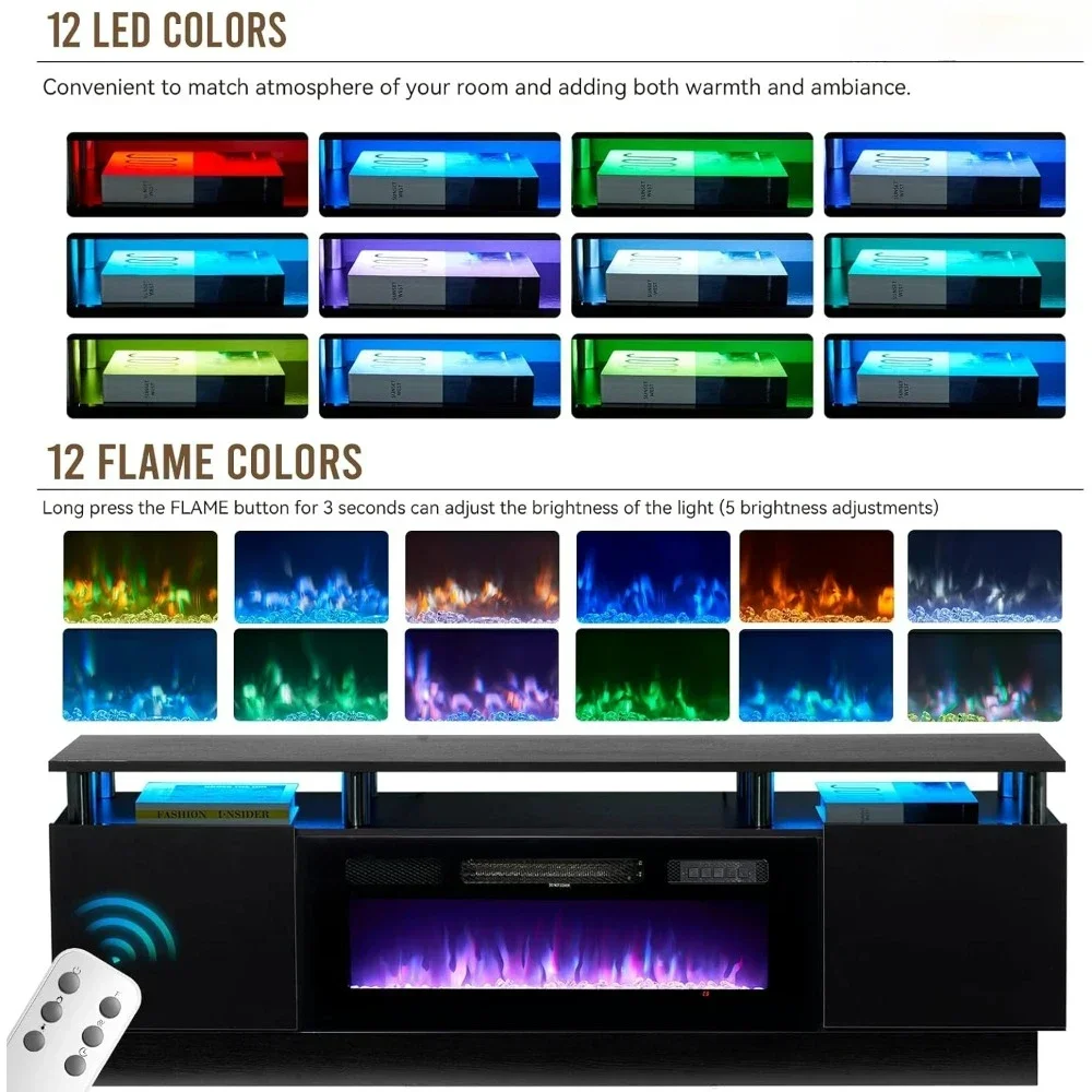 70" Fireplace TV Stand, with Electronic Flame and LED Lights, Luxury High Gloss Finish Entertainment Center, TV Console Cabinet 4
