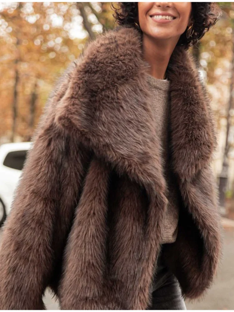 Lapel Brown Women Short Faux Fur Coat Luxurious Fluffy Long Sleeve Warm Jacket 2024 Autumn Winter Lady Solid High Street Outwear 3