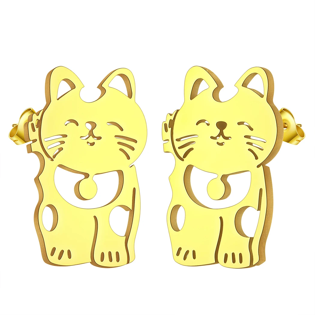 QIMING Lovely Animal Fortune Cat Stud Earrings Women Stainless Steel Jewelry Girls Good Luck Earrings Gift 3
