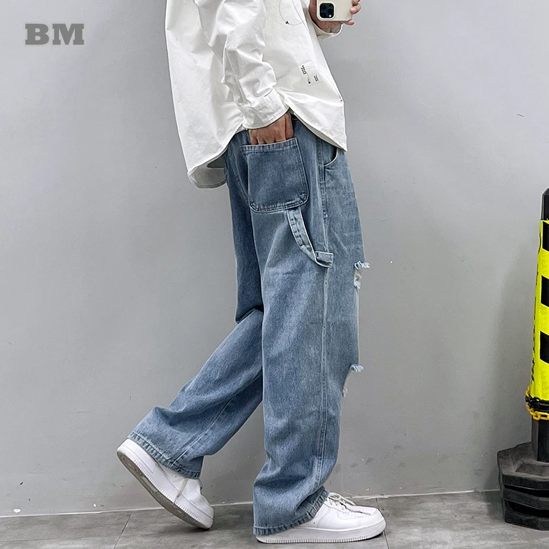 

Japanese Streetwear Fashion Ripped Straight Baggy Jeans Men Clothing Harajuku Denim Trousers Korean Casual Cargo Pants Male