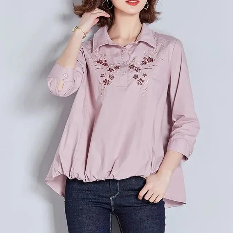 Summer New POLO Collar Fashion Three Quarter Shirt Women High Street Button Patchwork Pullovers Embroidered Pure Cotton Tops