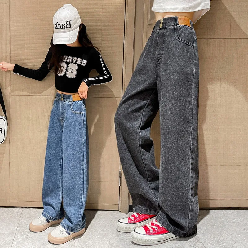 

Teenage Jeans for Girls 2024 Spring Summer Casual All-match Loose Kids Leg Wide Pants School Children Trousers 4-16 Years