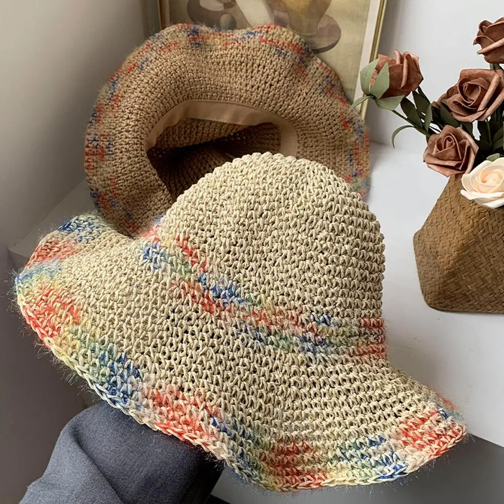 Chapeau de paille tissé en couleur pour femme, chapeau d'été à large bord pour vacances en bord de mer, protection solaire, petit chapeau creux respirant_voghion.com