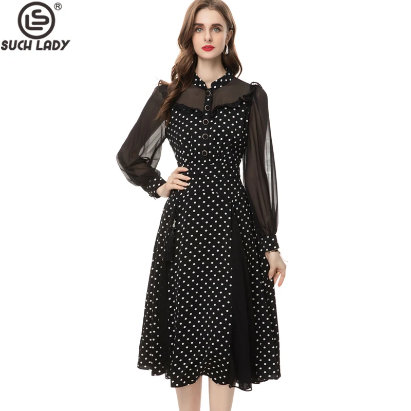 

Women's Runway Dresses Stand Collar Long Sleeves Dots Printed Patchwork Fashion Casual Vestidos