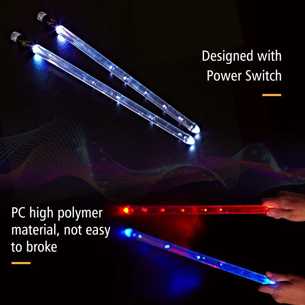 Drum Sticks Light Up LED Jazz 15 Gradient Colorful Lights USB Charging with Switch Drum Set Accessories