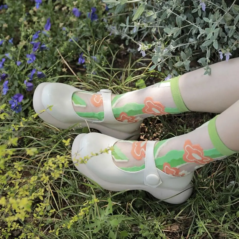 

Sweat-absorbent Breathable Simple Wearproof Y2K Women Glass Silk Socks Korean Style Hosiery Transparent Socks Flower Calf Socks