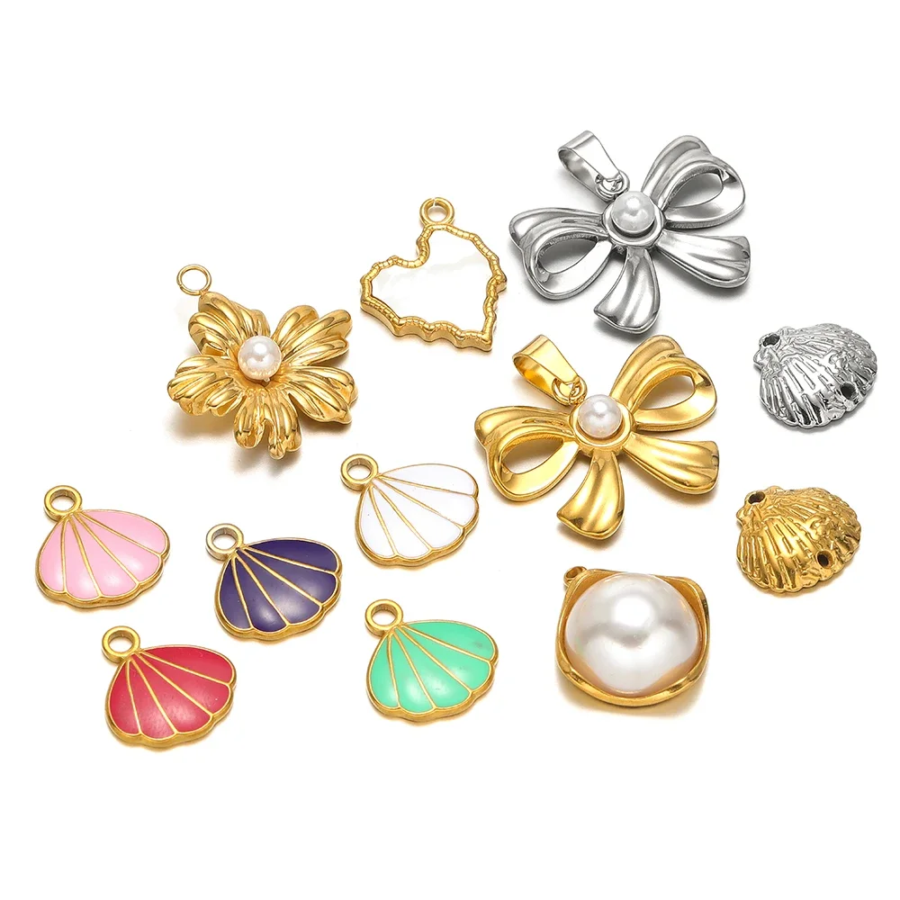 5pcs Stainless Steel Enamel Shell Charms Bowknot Pendants DIY - Main Image