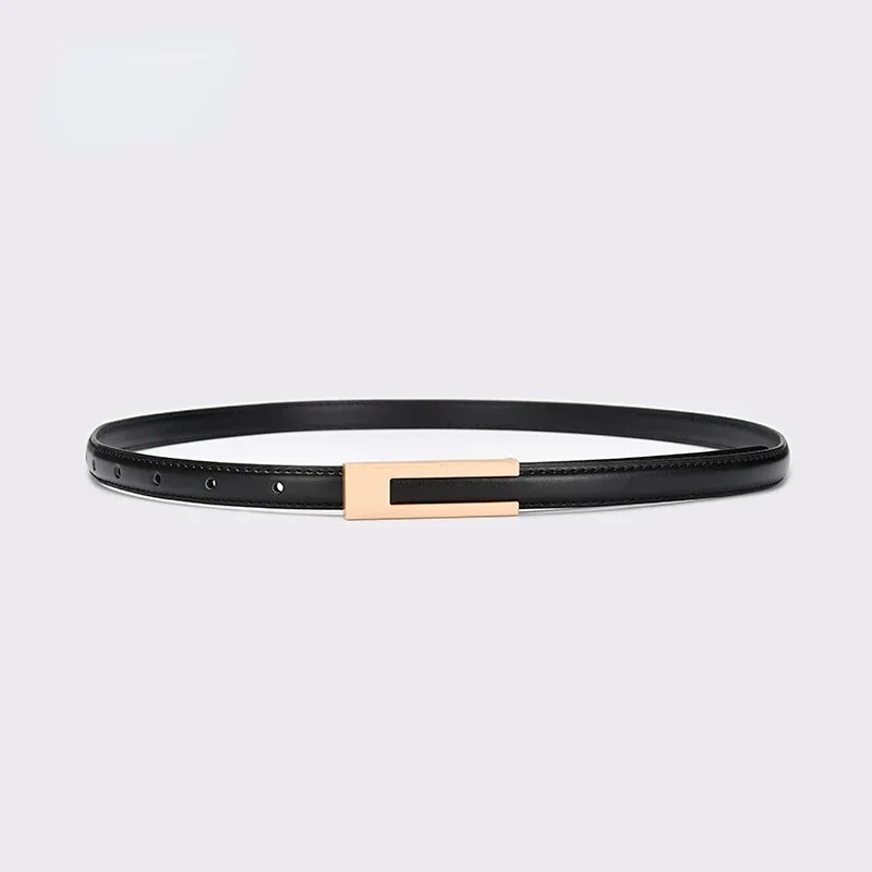 

Women's Gold Buckle Light Luxury Leather Belt Fashionable Cowhide Thin Metal Black and White Belt Women's Daily Versatile Belt