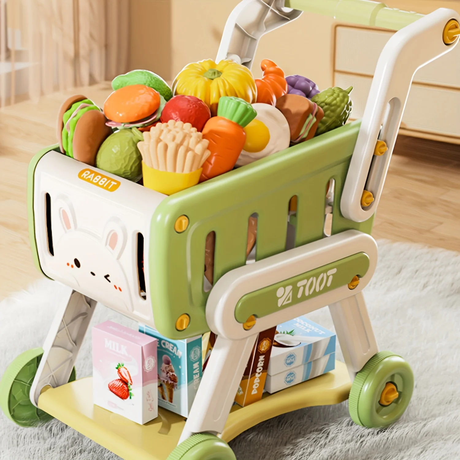 32pcs Kids Shopping Cart, Trolley Play Set with Pretend Food Fruit Vegetable Snack and Accessories, Toy Shopping Cart Trolley 5