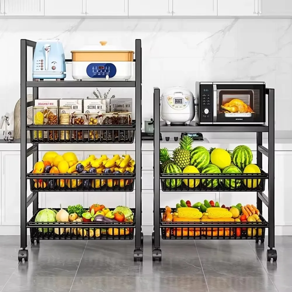 Multi-Layer Storage Basket Floor Type Oven Microwave Cart Rack Moving Fruit Trolley Racks Storage Shelves