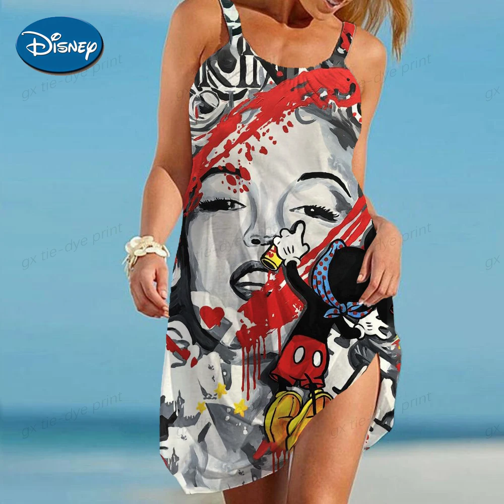 

Ladies Summer Dress Women Sleeveless Loose Disney Minnie Mickey Mouse Print Elegant Dresses Party New Vintage Dress