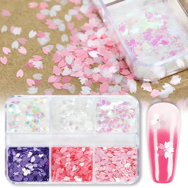 

6 Grids Sakura Flower Petal Chip Nail Sequins Cherry Blossoms Glitter Stickers For Manicure Design Nail Supplies Accessories