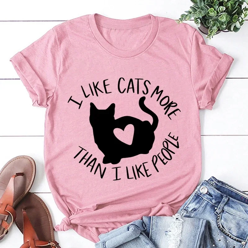 Футболка Мужская/женская с коротким рукавом, модная рубашка в стиле Харадзюку, топ в стиле хип-хоп, мне нравятся больше кошек, чем мне нравятся люди, на лето