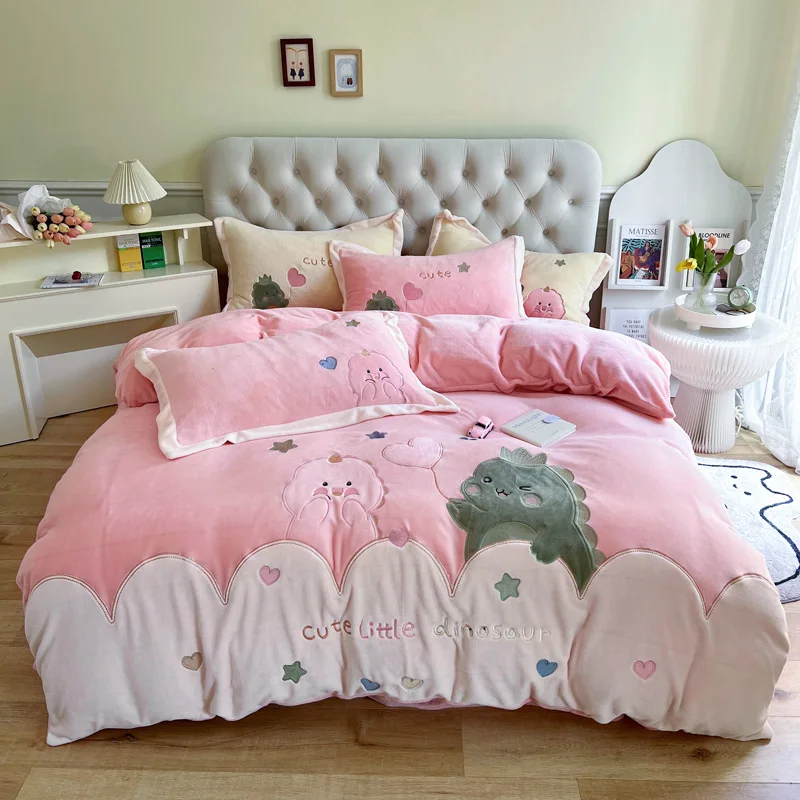 

Dinosaur Towel Embroidery Cute Cartoon Soft Comfortable Fleece Bedding Set Duvet Cover Linen Fitted Sheet Pillowcases