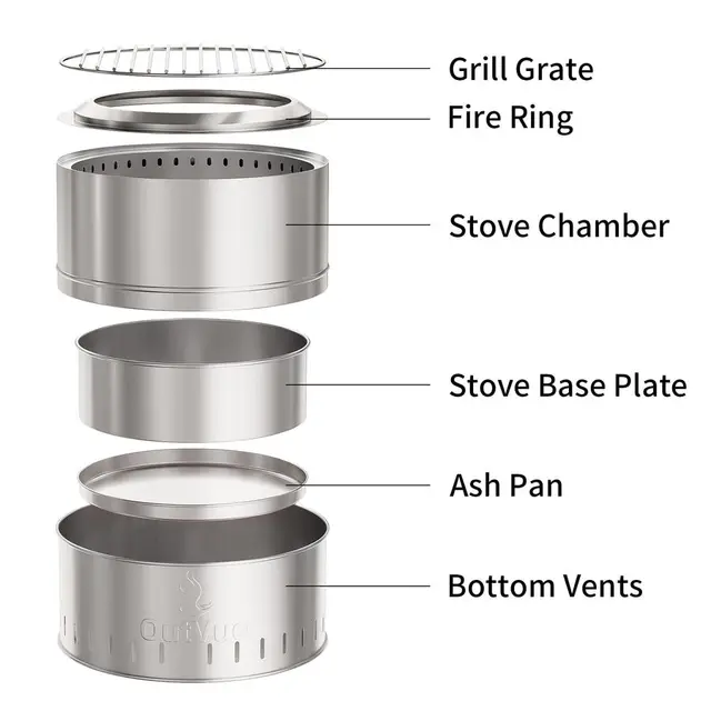 inch Stainless Steel Smokeless Fire Pit with Grill, Outdoor Smokeless Firepit, Wood Burning Fire Pits for Camping, Bonfire, Low 5