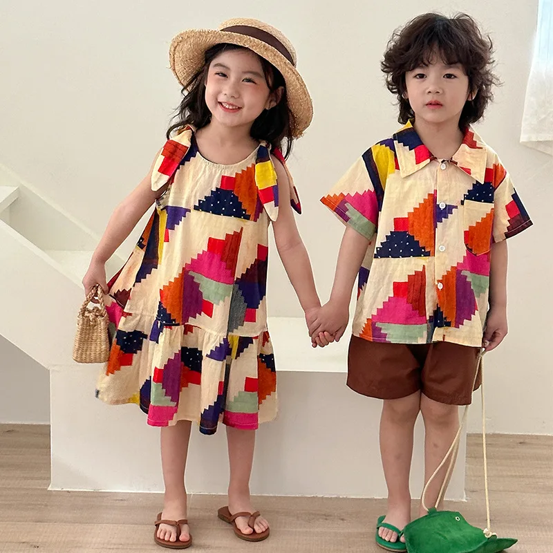 Kids Summer Outfit Boys Lapel Shirt Shorts Girls Colorful Dress