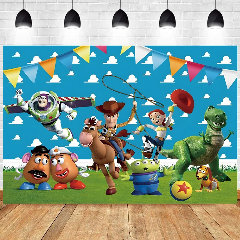 Toy Story Fondale Baby Happy Birthday Woody Party Decorations Banner Blue Sky White Clouds Cake Smash Photography Background