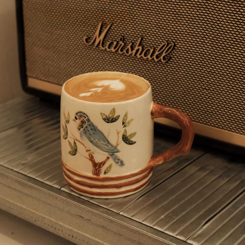 Creative hand drawn bird ceramic mug office mug large size latte mug 450ml