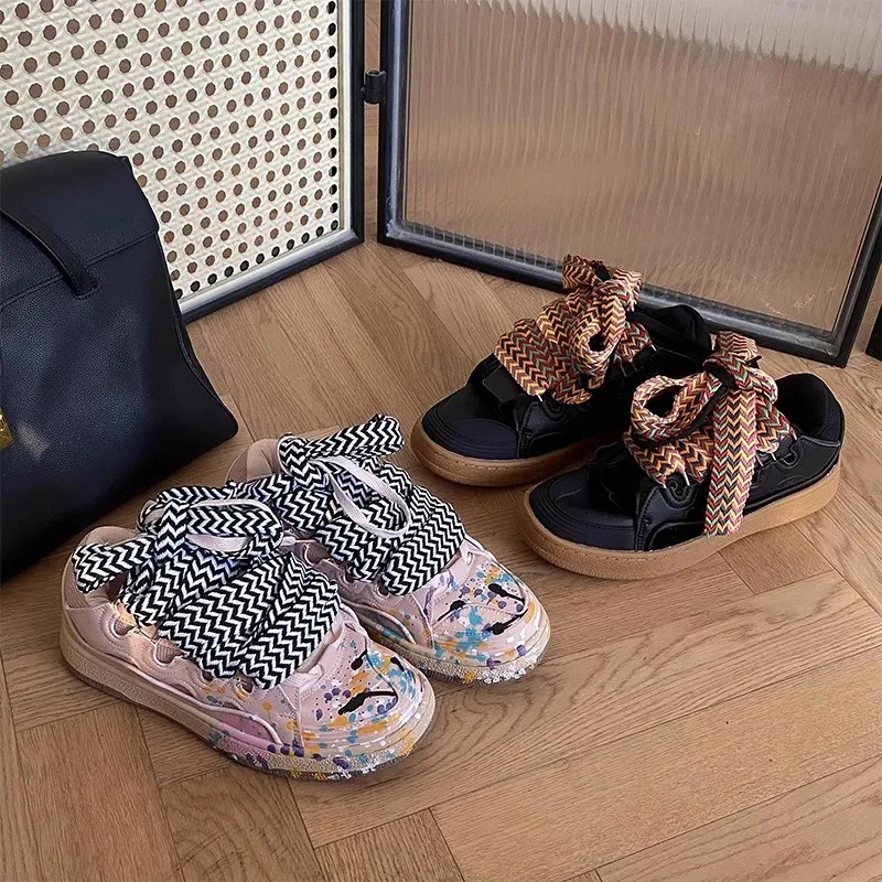 Genuine Leather Men's Women's Casual Shoes Thick Tongue Design