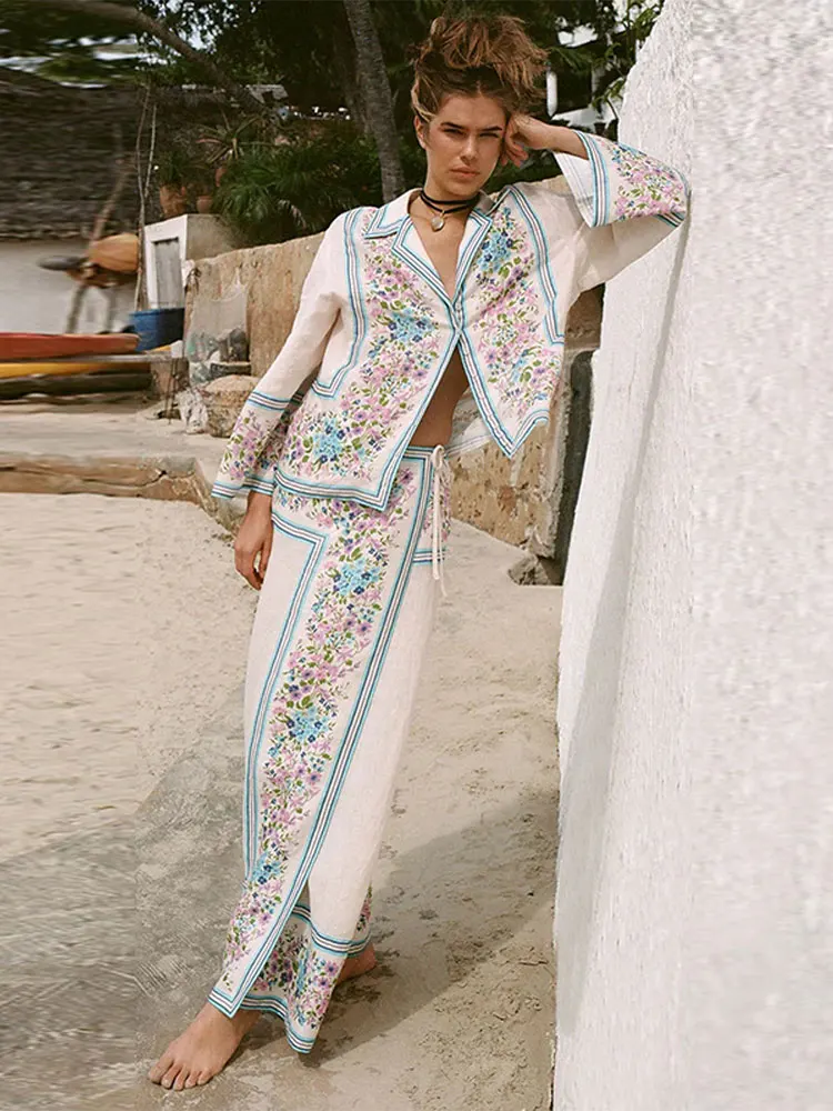 

Женский костюм с юбкой на шнуровке, модная однобортная Свободная рубашка с отложным воротником и принтом, комплект из 2 предметов, повседневный уютный женский наряд на весну и лето