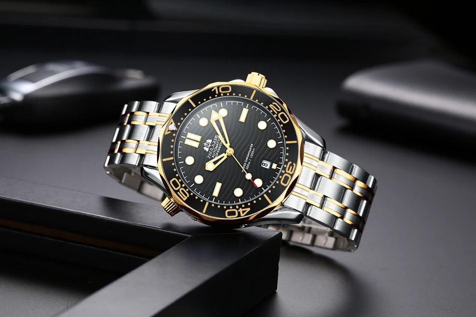 Men Automatic Self Wind Mechanical Stainless Steel Strap Casual Yellow Gold Silver Blue Bezel Master Wave_voghion.com