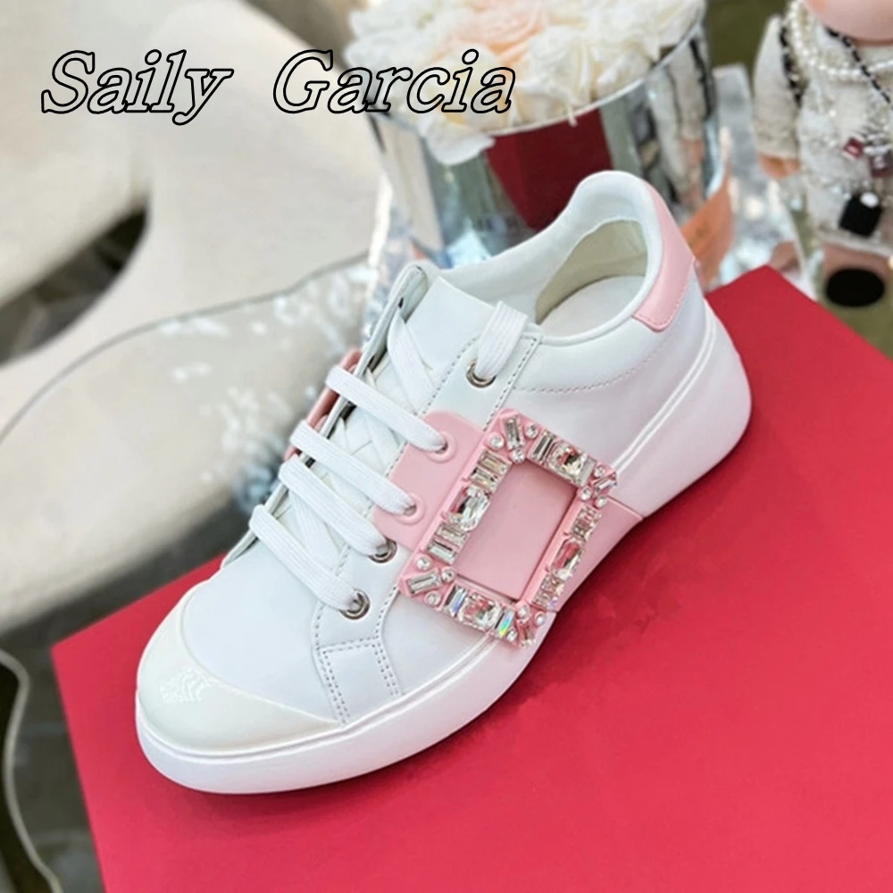 Genuine Leather Square Button Rhinestones Lace Up Vulcanized Shoes Mixed Color Round Toe Flat Shoes Summer Simple Casual Shoes