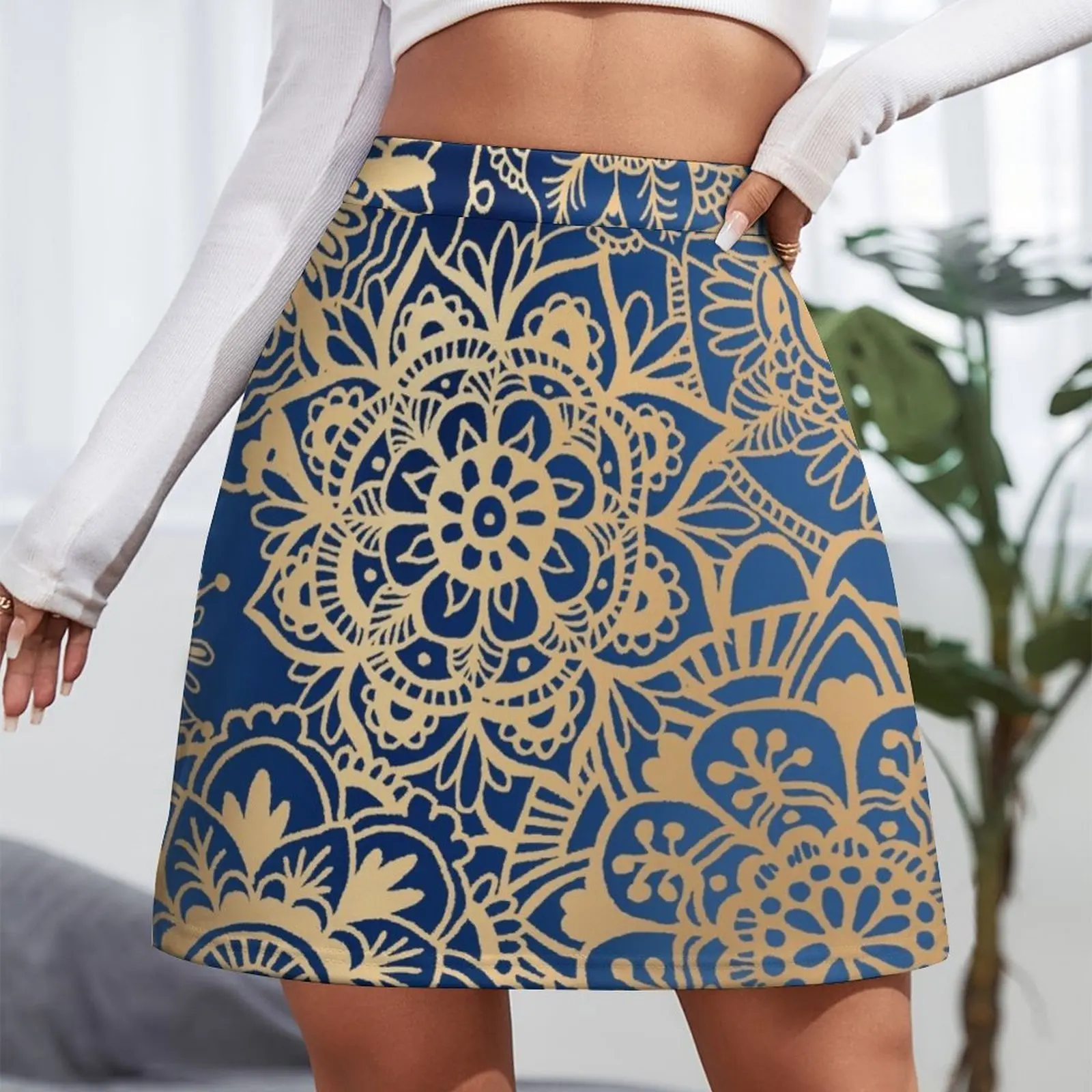 Blue and Gold Mandala Pattern Mini Skirt Skirt satin 90s vintage clothes Clothes for summer