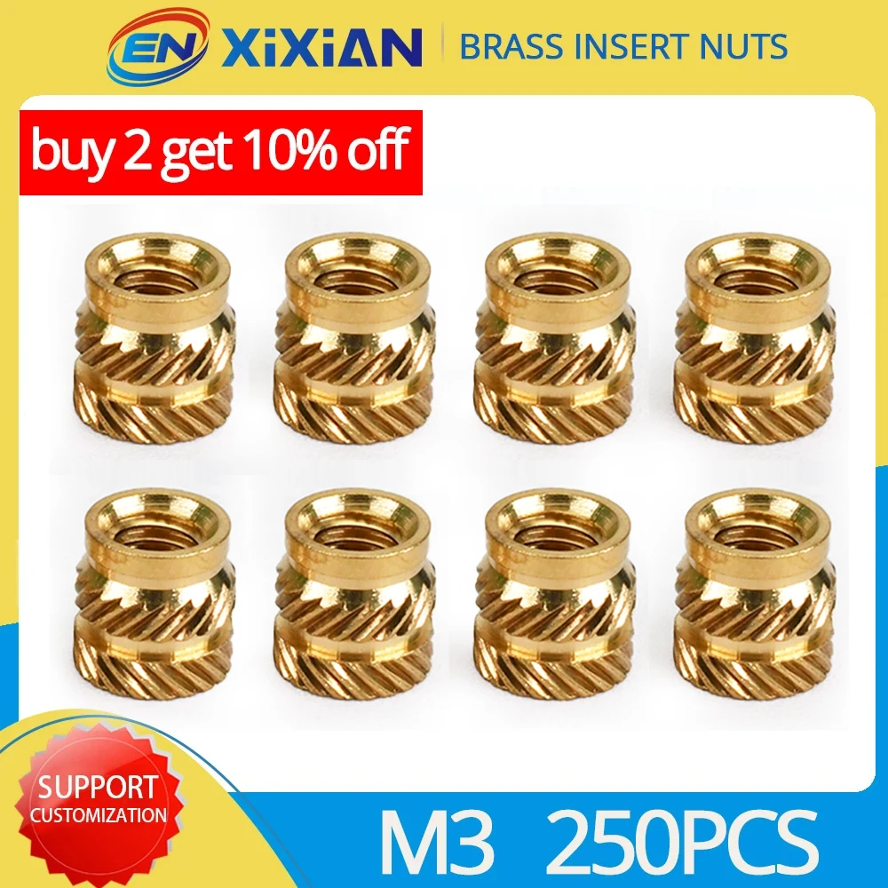 

250pcs M3 Brass Insert Nut Hot Melt Knurled Thread Heat Embedment Copper Nuts Embed Parts Pressed Fit into Holes for Plastic