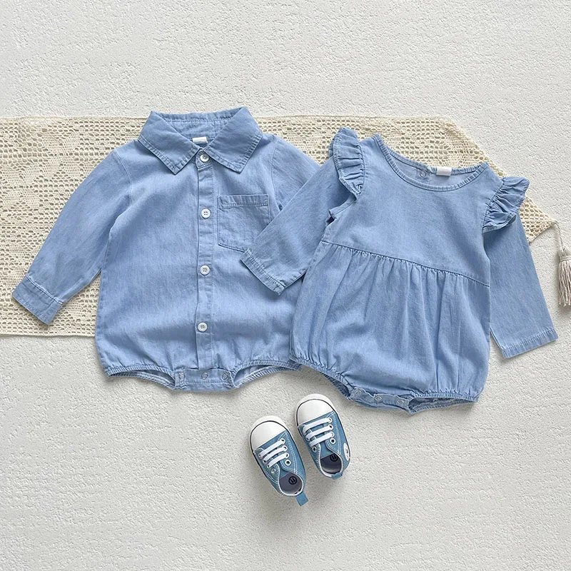 

Autumn Spring Children Clothes Toddler Baby Boys Girl Romper Long Sleeved Solid Color Cowboy Infant Baby Boys Girls Jumpsuit