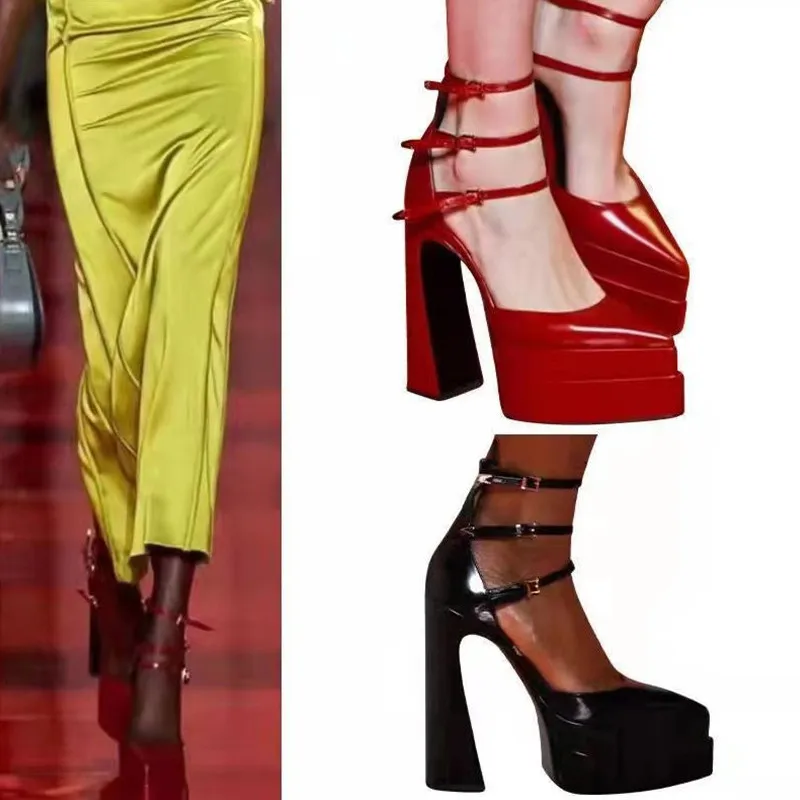 

Runway style Platform Wedges Women Pumps Fashion Pointed toe Ankle Strap Mary Janes High heels Summer Female Wedding Bridal Shoe