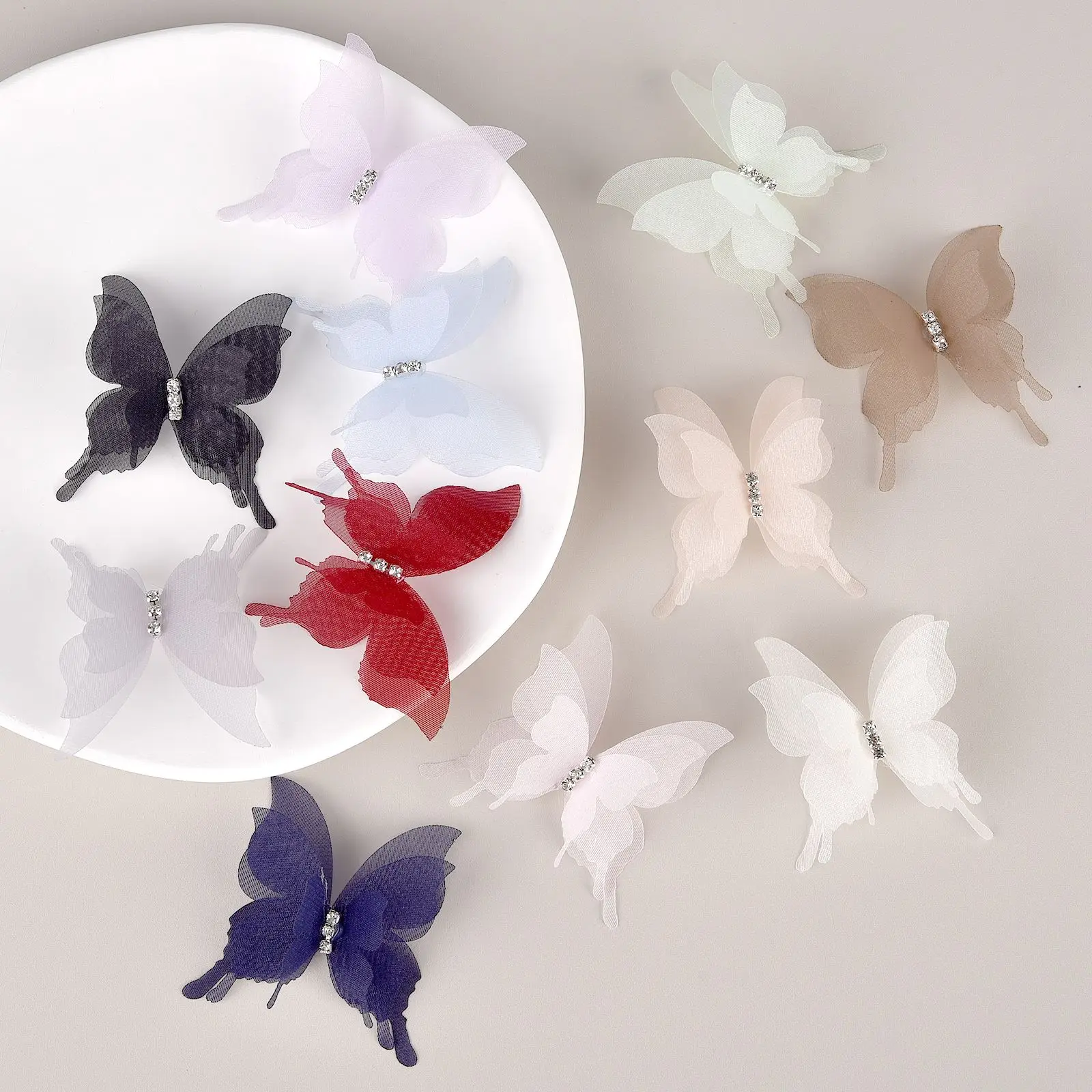 20pcs/Bag 3D Organza Butterfly Rhinestone DIY Handmade Craft Clip Earrings Jewelry Decor Embroidery Patch Garment Accessories