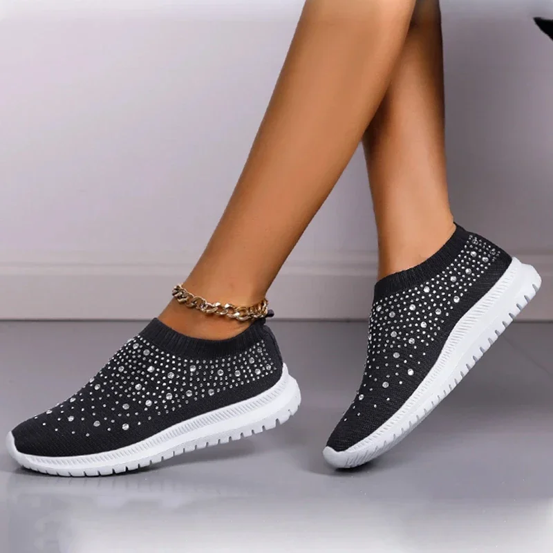 Women Shoes Shining Crystal Flats Spring Breathable Knit Platform Sneakers Comfortable Soft Bottom Non-slip