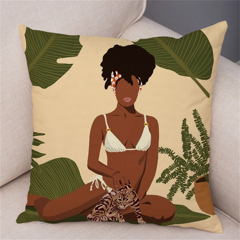 2022 Tropical Plant Soft Plush Black Africa Girl Pillow Case Linen Geometric Fashion Women Cushion Cover for Sofa Car Home Decor 