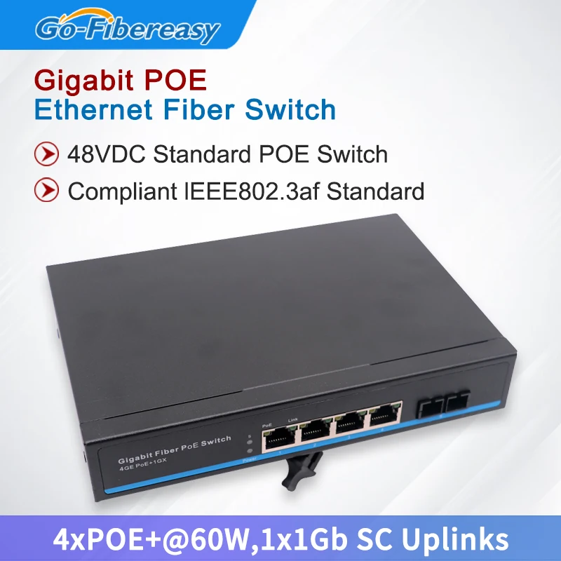 Switch In Fibra Ethernet Gigabit Poe 1000Mbps 4Xpoe @ 60W, Uplink Sc 1X1Gb Convertitore Multimediale Ottico Poe Switch Poe Standard 48Vdc