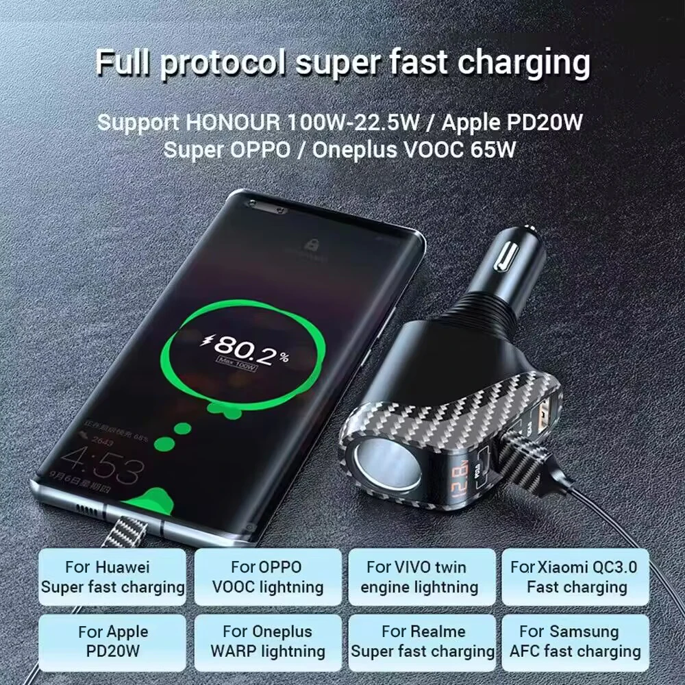 Car Charger Car Phone Charger ASOMETECH USB Car Charger 90W Cigarette Lighter Expansion Port PD SCP FCP Quick Charge For iPhone Samsung Huawei