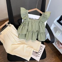 Summer Kids Clothes Green Plaid Fly Sleeved Top+solid Color Casual Pants 2-piece Set Girl Clothes Vest Set  Kids Clothes Girls