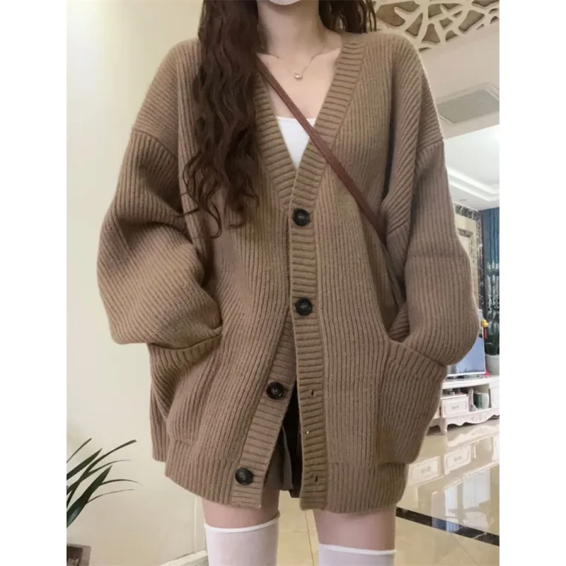 

Autumn Winter Women Cardigan Sweater Coat Korean Fashion Female Long Sleeve V-neck Loose Knitted Jackets Casual Pocket Cardigans