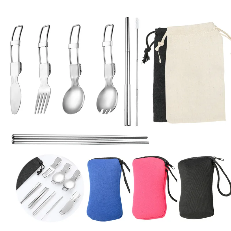 

5 pcs 1 set Portable Outdoor Camping Travel Picnic Foldable Stainless Steel Cutlery Set Spoon Fork Knife tablewar