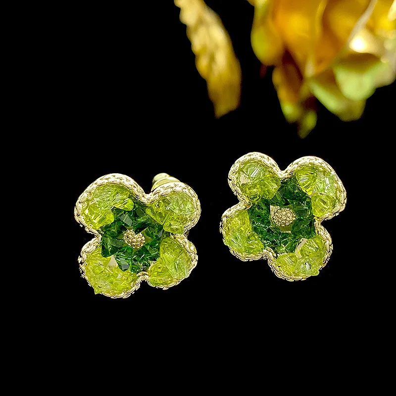 

Bilincolor Four-leaf Clover Green Crystal Flower Earrings for Women