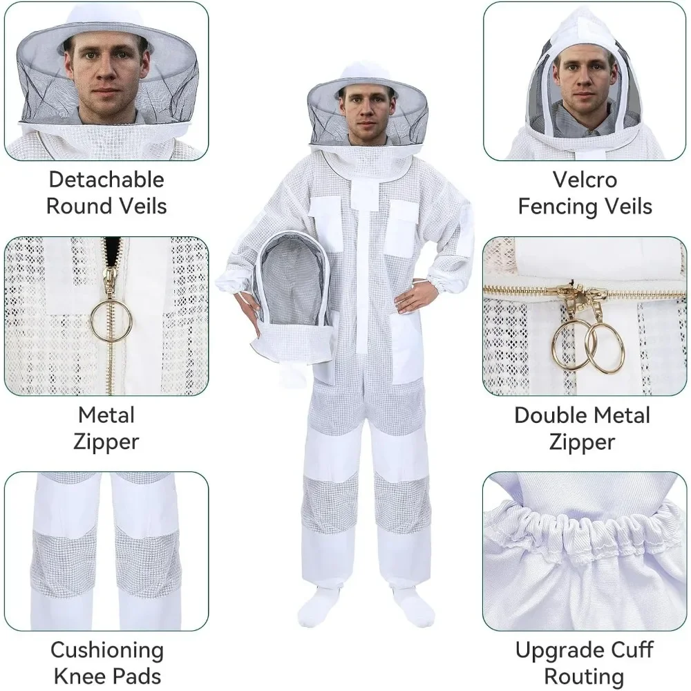 Ventilated Bee Suit, 3 Layer Bee Suit for Men Women, Sting Proof Protective Beekeeping Kit 2 Beekeeping Veils for Beekeepers